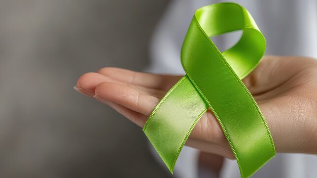 A person is holding a green ribbon in their hand. The ribbon is a symbol of hope and support for a cause - Powered by Adobe
