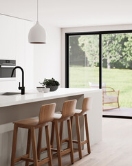 A beautiful modern kitchen interior featuring abundant natural light and a spacious, open layout