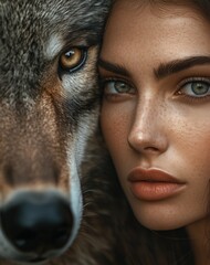 Close-up portrait of a woman and a wolf, their intense gazes and striking features creating a powerful connection

