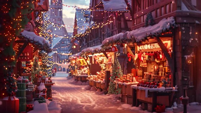 Surreal Christmas Market in a Snowy Medieval Town, A surreal interpretation of a Christmas market filled with stalls selling unique crafts and treats