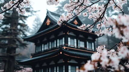 A black and white building with a roof of red tiles. The building is surrounded by trees and has a lot of pink flowers on the branches