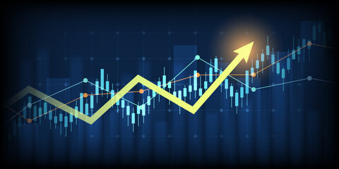 Abstract financial graph with uptrend line arrow and bar chart of stock market on blue color background