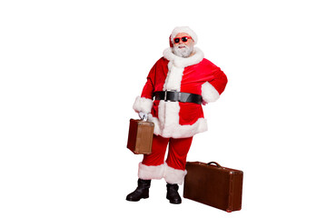 Full length body size view of his he cheerful cheery stylish confident funky fat overweight plump gray-haired bearded man tourist traveler carrying bag isolated over bright vivid shine red background