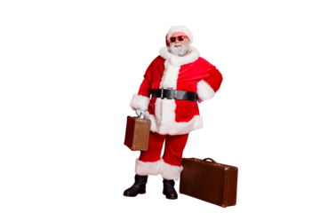 Full length body size view of his he cheerful cheery stylish confident funky fat overweight plump gray-haired bearded man tourist traveler carrying bag isolated over bright vivid shine red background