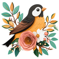 Obraz premium A colorful bird perched among vibrant flowers and leaves, ideal for nature-themed designs and illustrations.