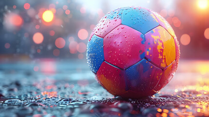 Naklejka premium Wet Soccer Ball in Colorful Abstract Background 3D Illustration