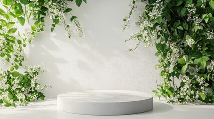 A white wall with a large green bush on it. The bush is full of white flowers