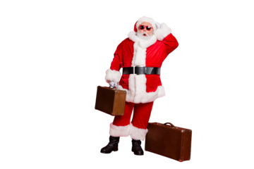 Full length body size view of his he amazed speechless funky fat overweight plump gray-haired bearded man tourist carrying bag isolated over bright vivid shine red background