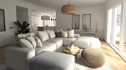 Luxury modern Scandinavian style living room interior design with comfortable white fabric sofa minimalist wood and metal coffee table and natural plant decor