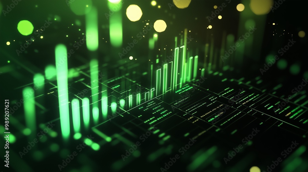Poster abstract visualization of digital data flow with green light and geometric patterns in a futuristic 