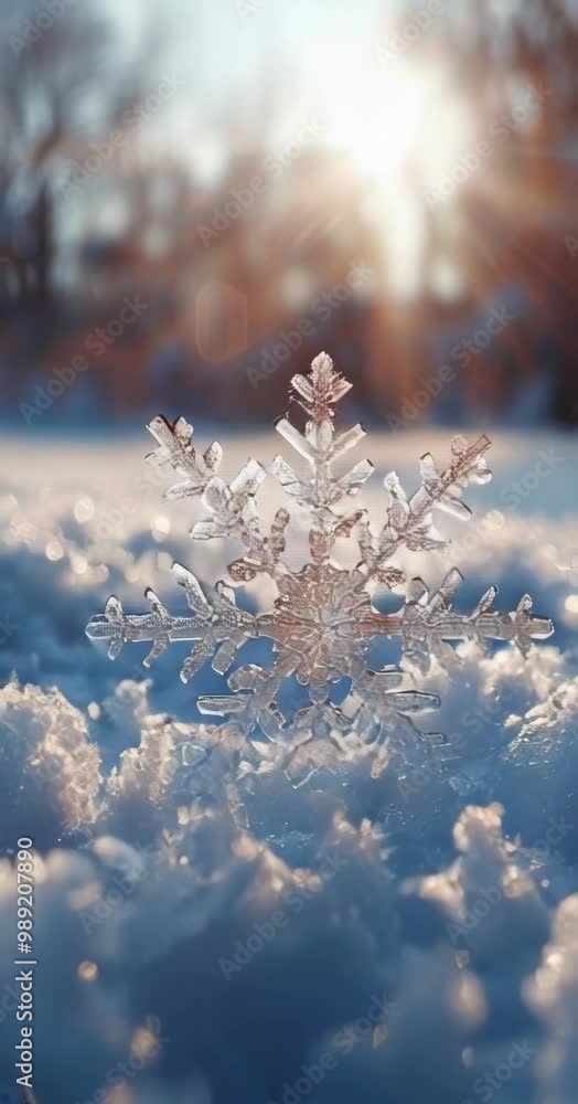 Poster a snowflake is sitting on top of a snow covered field. the snowflake is the only thing visible in th