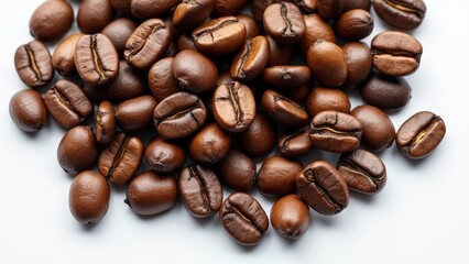 Fototapeta premium Hyper-Realistic Image of Fresh, Glossy Coffee Beans: Richly Detailed and Centered on a Solid White Background.