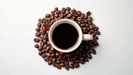 Obraz premium Detailed Hyper-Realistic Image of a Coffee Cup with Rich Coffee and Glossy Beans on a Clean White Surface.