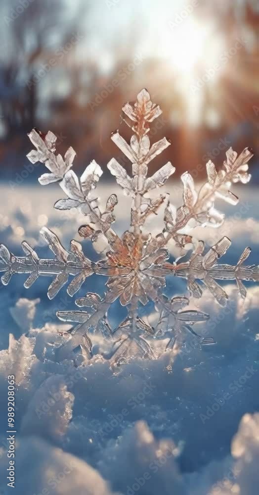 Poster a snowflake is sitting on top of a snow covered ground. the snowflake is the main focus of the image