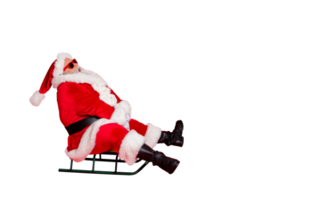 Full length body size view of nice attractive fat bearded man riding traveling on sledge tour trip tourism wintertime vacation having fun isolated on bright vivid shine red background