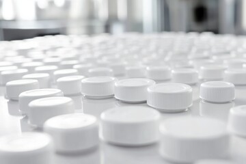 Obraz premium Uniform white plastic bottle caps on production line