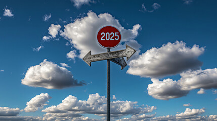 Street sign with 2025 showing choices with two arrows pointing different directions