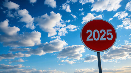 Red road sign pointing towards the year 2025 with cloudy blue sky