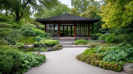 A small house with a garden in front of it. The garden has a lot of plants and a pond