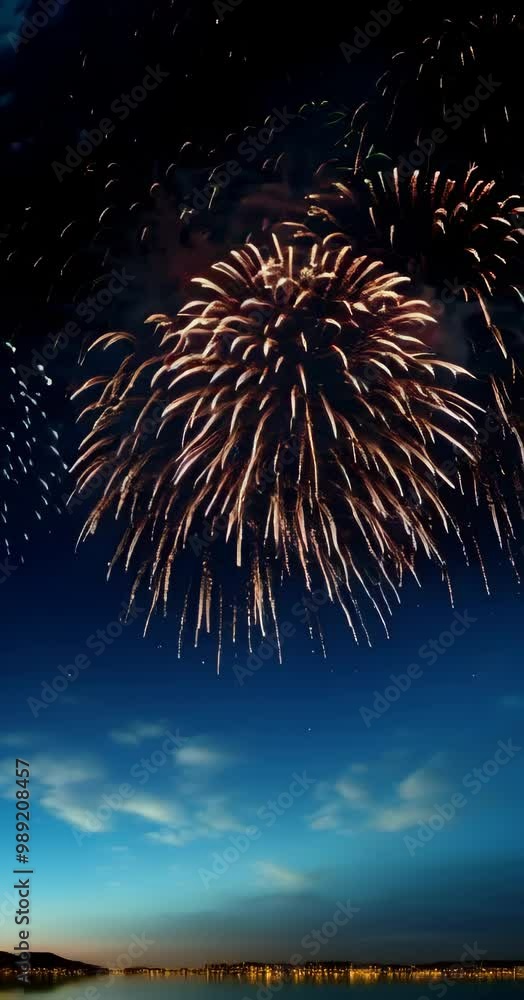 Poster a fireworks display in the sky with a blue background. the fireworks are in different colors and are