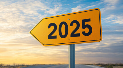 Yellow road sign pointing towards the year 2025