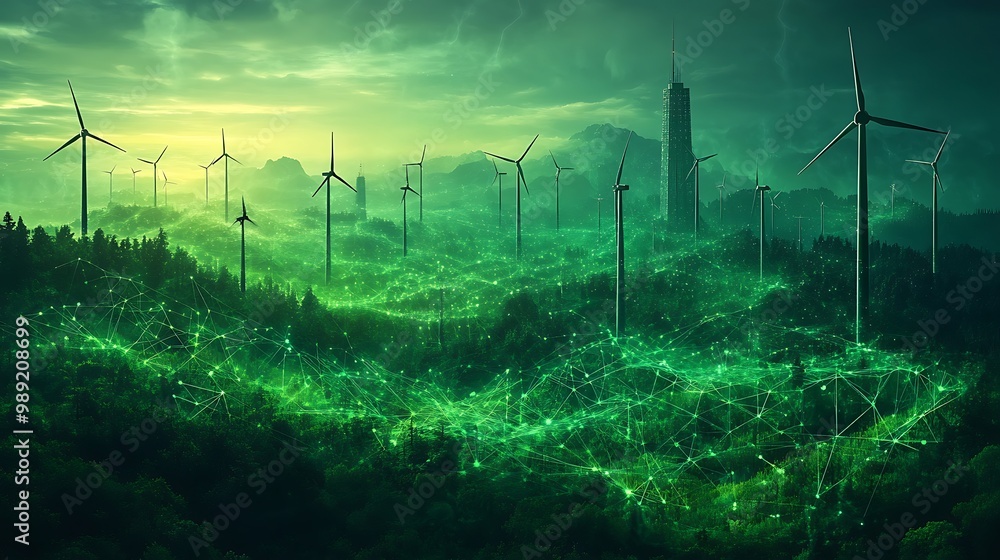 Poster green energy card highlighting advancements in aidriven energy efficiency offering a sleek design wi