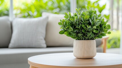 A potted plant sits on a wooden table in a living room. The plant is green and adds a touch of nature to the space. The room is furnished with a couch and a chair