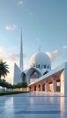 Naklejka premium A stunning modern mosque featuring a large dome and minaret, illuminated by the warm hues of sunset, reflecting Islamic architectural beauty.