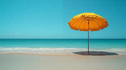 Yellow beach umbrella on tropical shore with turquoise sea