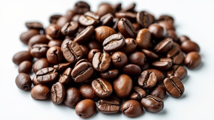 Fototapeta premium Hyper-Realistic Coffee Beans: Richly Detailed, Glossy, and Centered on a Solid White Background.