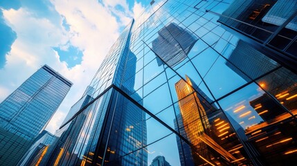 Naklejka premium reflection of tall skyscrapers in the glass facade of a nearby building, showing the dynamic architecture of a city