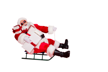 Full length body size view of cheerful kind funky fat overweight plump gray-haired bearded man sledging carrying purchases for children isolated over bright vivid shine red background