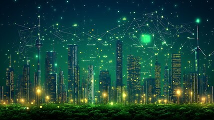 Fototapeta premium Green energy card highlighting advancements in AIdriven energy efficiency offering a sleek design with a large blank space on the lower left surrounded by abstract data flow and energysaving patterns