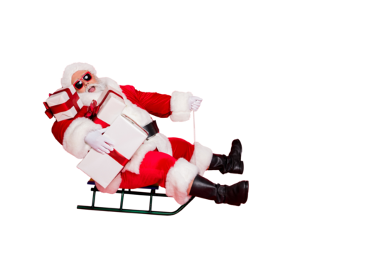 Full length body size view of cheerful kind funky fat overweight plump gray-haired bearded man sledging carrying purchases for children isolated over bright vivid shine red background