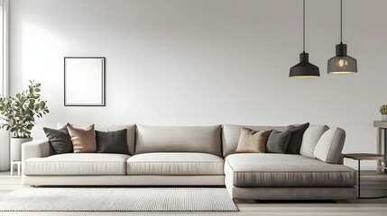 Captivating of a Stylish Minimalist Living Room with an Inviting Scandinavian Design Aesthetic Featuring a Plush L Shaped Sectional Sofa Muted Color Palette and Modern Pendant Lighting