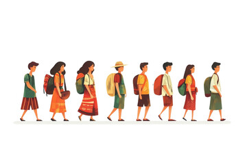 Diverse people walking together, vibrant transparent background