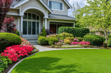 A clean and well-maintained front yard of an American home, featuring neatly trimmed hedges, colorful flower beds, lush green grass, and a beautiful house with large windows