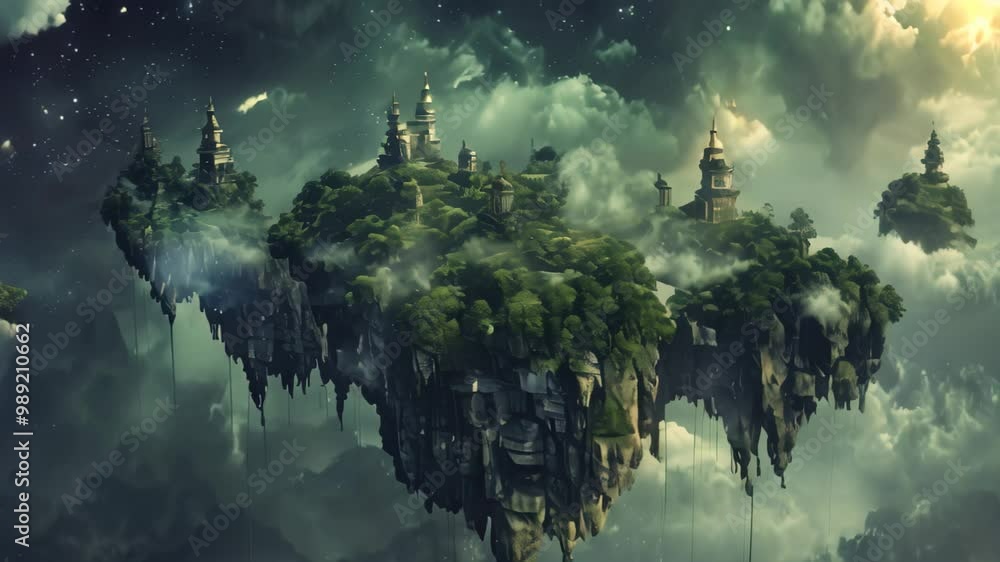 Poster a digital artwork depicting multiple floating islands with structures, a surreal landscape of floati