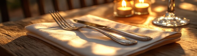 Obraz premium Elegant table setting with fork, knife, and candlelight for a cozy dining experience.