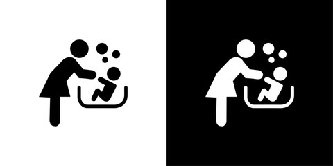 Mother washing baby in bath tub icon Isolated flat vector in outline