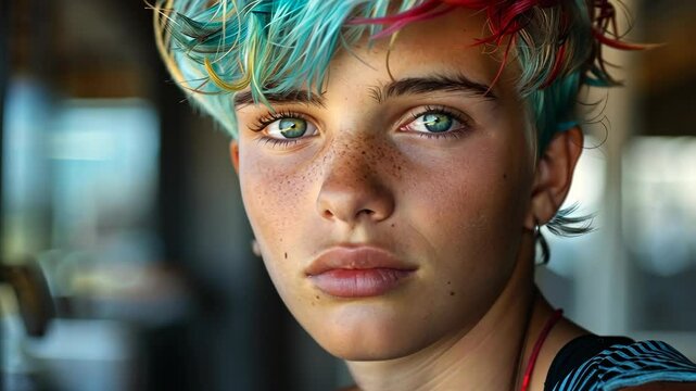 A close-up portrait of a teenager with vibrant blue and red hair showcasing unique features indoors