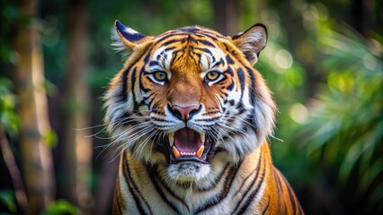 Obraz premium Close up of a roaring tiger in the wild, with sharp teeth and intense gaze, set in a natural forest backdrop