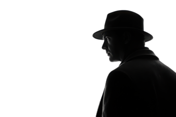 Mysterious silhouette of a man in hat transparent background