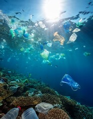 underwater view of plastic pollution and microplastics threatening marine wildlife in ocean