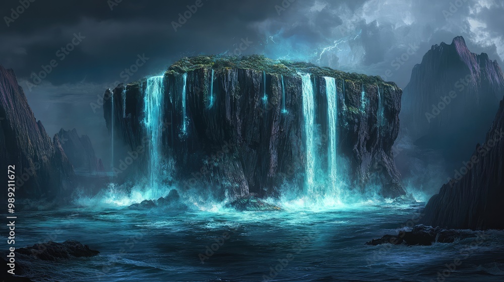 Poster a mysterious island floating above a stormy ocean, with glowing cliffs and waterfalls cascading down