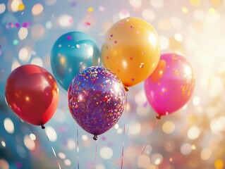 Colorful balloons with confetti against a blurred background of light, perfect for celebrations and special occasions.