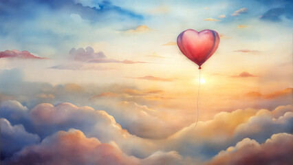 Fototapeta premium Heart-shaped balloon flying in the sky at sunset