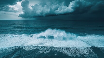 Obraz premium Dramatic stormy seascape with large waves crashing against a dark, ominous sky.