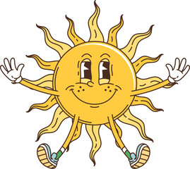 Cartoon groovy sun character with happy funky face, vector retro space planet comic art. Groovy sun with funny face and smile shining in galaxy planet, trippy cartoon character for 70s hippie sticker