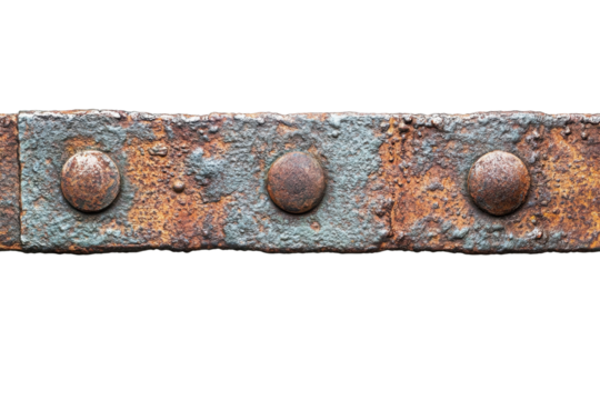 Rusty metal strip with rivets and corrosion transparent background